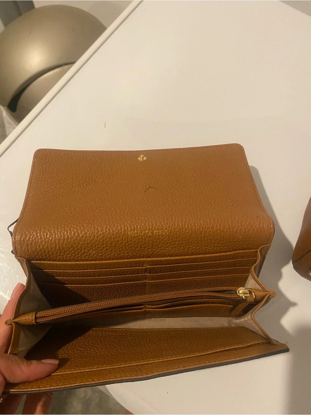 Michael Kors Caramel Pebbled Leather Continental Wallet with Gold MK Emblem